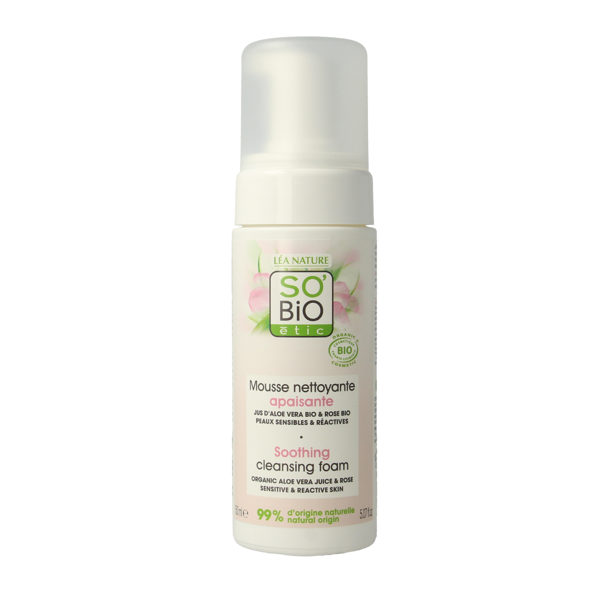 So Bio Etic Aloe Vera cleansing foam for face, 150ml, creamy texture, gentle skincare product with aloe vera extract.