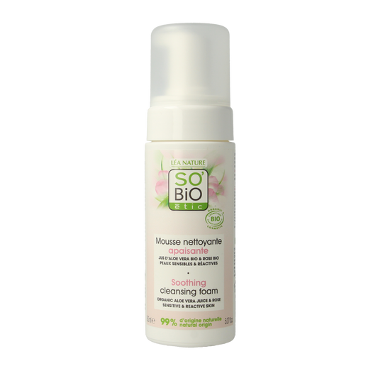So Bio Etic Aloe Vera cleansing foam for face, 150ml, creamy texture, gentle skincare product with aloe vera extract.