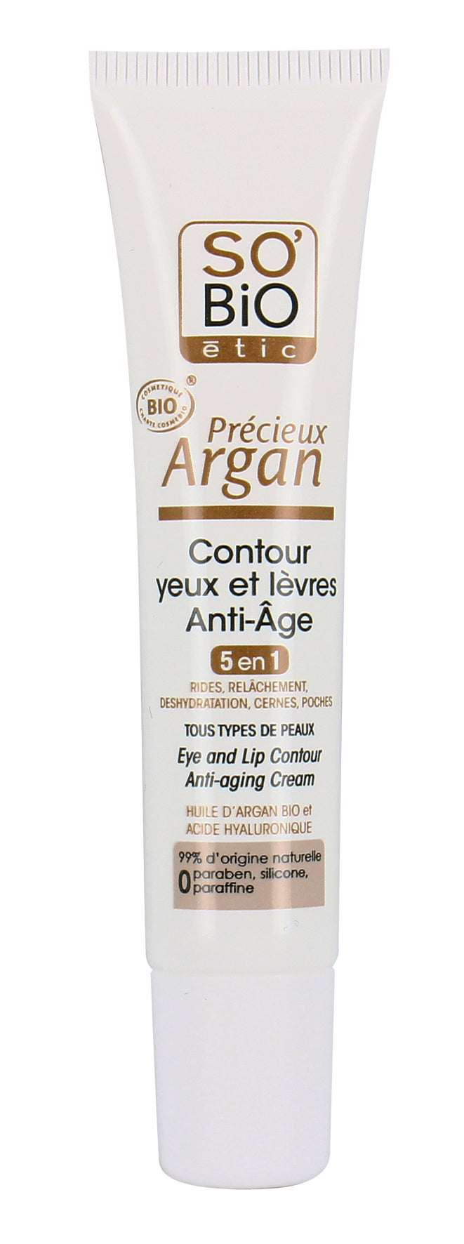 So Bio Etic Argan anti-aging eye and lip contour cream in 15ml jar, featuring a natural skincare product for facial care.