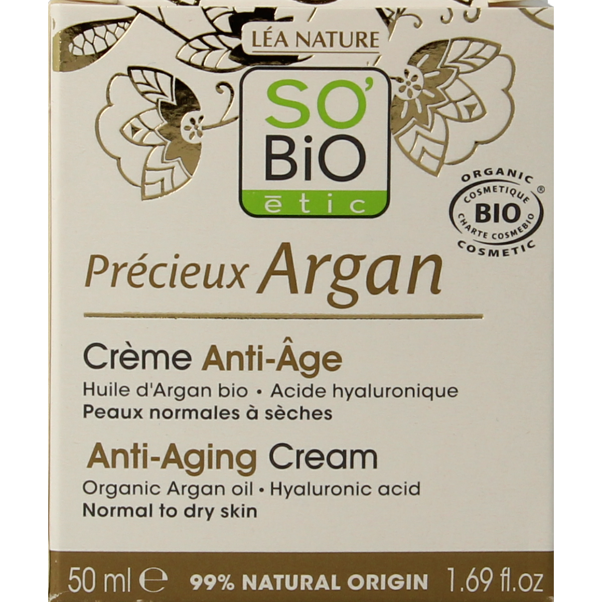 So Bio Etic Argan anti-aging day cream in 50ml jar, facial skincare with argan for nourishing and youthful skin.