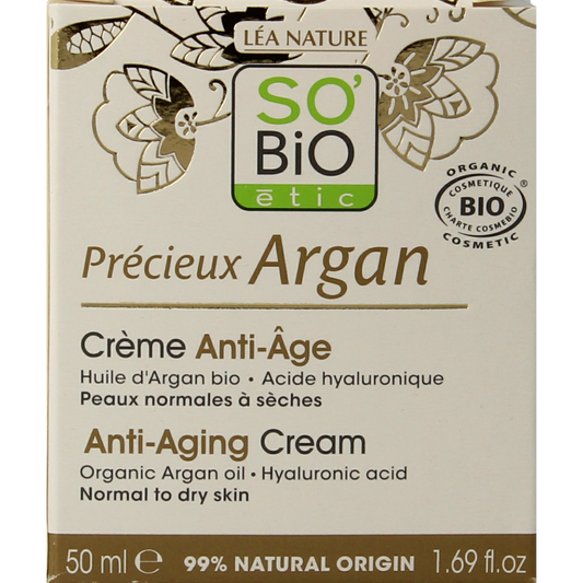 So Bio Etic Argan anti-aging day cream in 50ml jar, facial skincare with argan for nourishing and youthful skin.