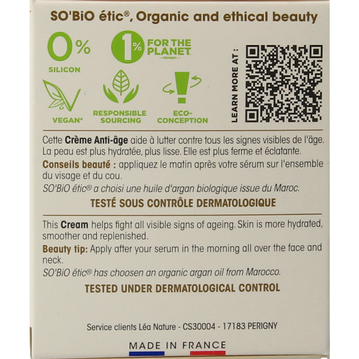 So Bio Etic Argan anti-aging day cream in 50ml jar, facial skincare product with a white and green packaging design.