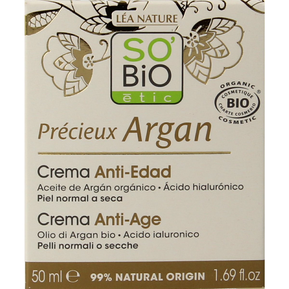 So Bio Etic Argan anti-aging day cream in 50ml jar, featuring nourishing and rejuvenating skincare for the face.