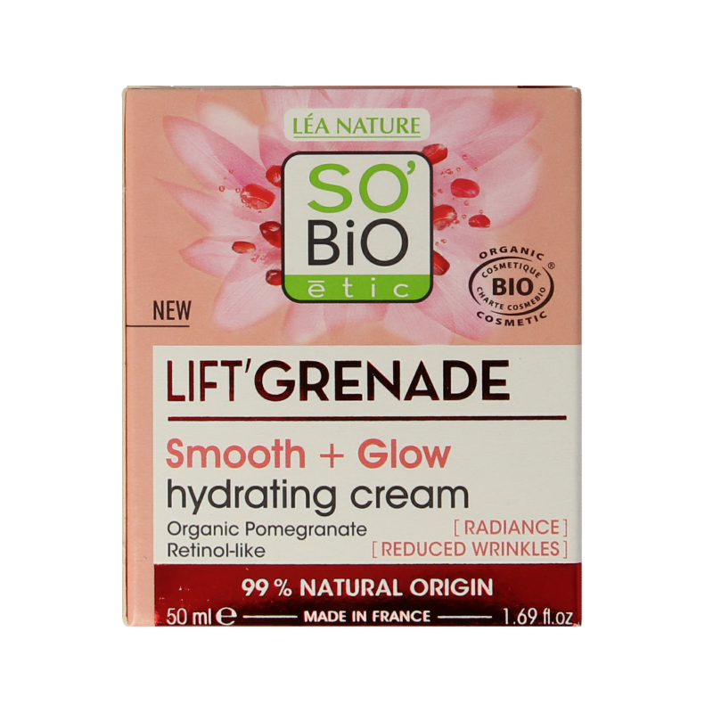 So Bio Etic Lift Grenade Day Cream 50ml jar with natural ingredients, designed for facial skincare and anti-aging benefits.