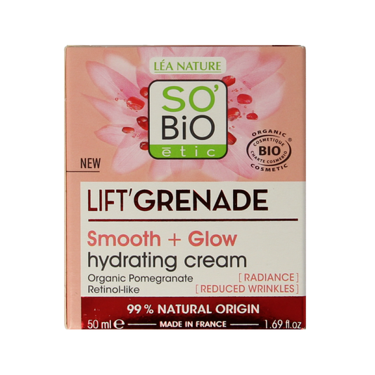 So Bio Etic Lift Grenade Day Cream 50ml jar with natural ingredients, designed for facial skincare and anti-aging benefits.
