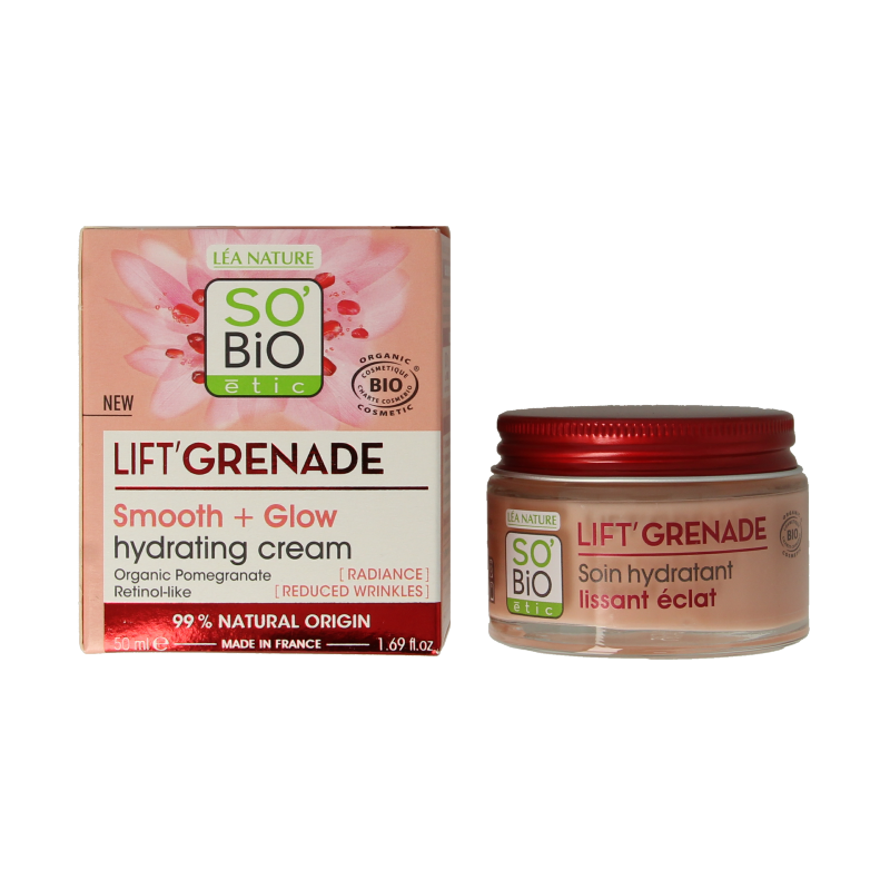 So Bio Etic Lift grenade day cream in 50ml jar, featuring a natural skincare product for youthful facial skin.