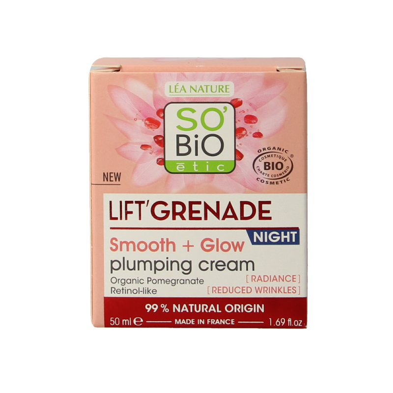 So Bio Etic Lift Grenade Night Cream in 50ml jar, natural facial skincare with anti-aging properties, white cream in a jar.