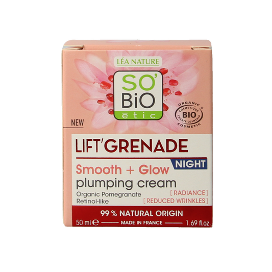 So Bio Etic Lift Grenade Night Cream in 50ml jar, natural facial skincare with anti-aging properties, white cream in a jar.
