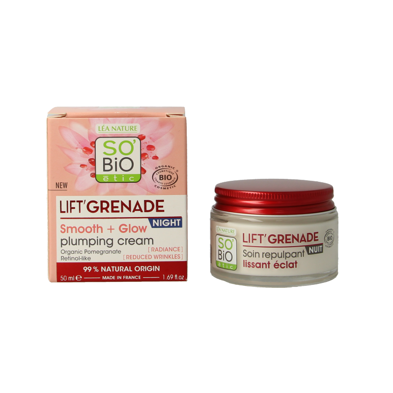 So Bio Etic Lift Grenade Night Cream jar, 50ml, natural facial skincare product with a white and purple packaging design.