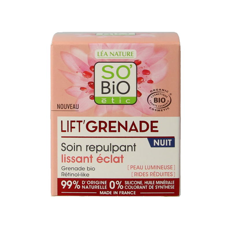 So Bio Etic Lift Grenade Night Cream in 50ml jar, natural facial skincare product with a white and green container.
