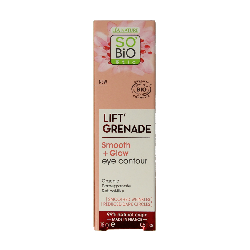 So Bio Etic Lift Grenade eye contour cream in 15ml jar, featuring natural ingredient packaging and applicator for eye skincare.