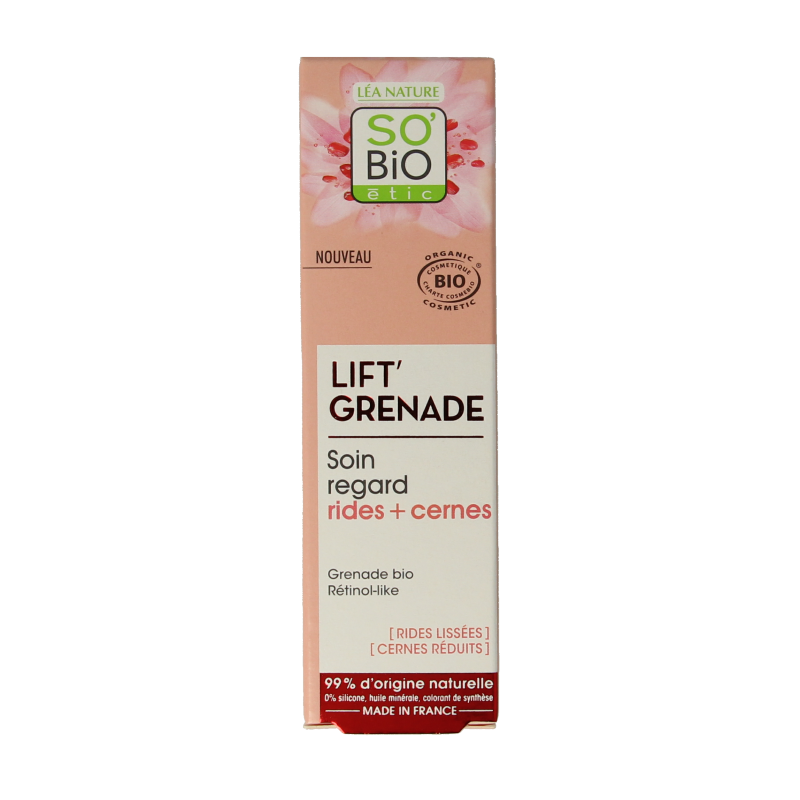 So Bio Etic Lift Grenade eye contour cream in 15ml jar, featuring natural ingredients for nourishing eye area care.