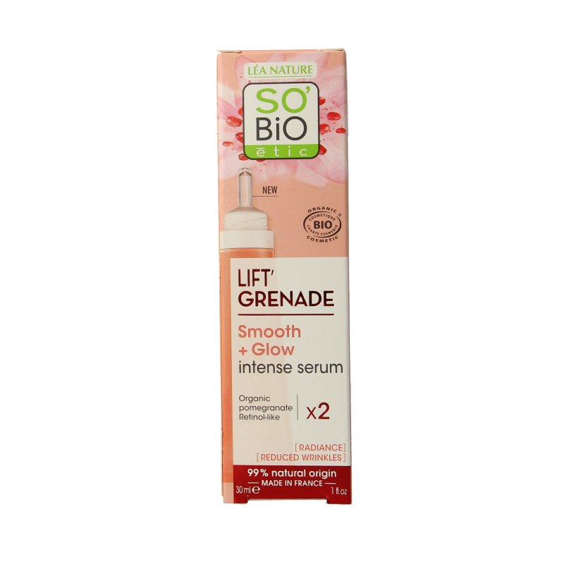 So Bio Etic Lift grenade serum in 30ml bottle, facial skincare product with antioxidant-rich ingredients and sleek packaging.