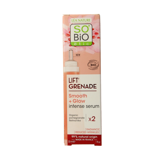 So Bio Etic Lift grenade serum in 30ml bottle, facial skincare product with antioxidant-rich ingredients and sleek packaging.