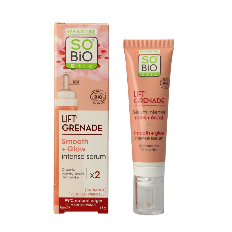 So Bio Etic Lift grenade serum 30ml, a facial skincare product with a sleek bottle, designed to enhance skin firmness and glow.