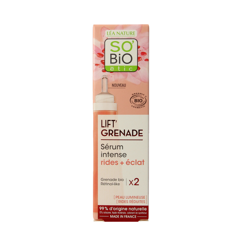 So Bio Etic Lift grenade serum in 30ml bottle, natural facial skincare product with a sleek design and clear labeling.