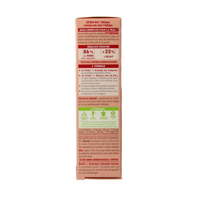 So Bio Etic Lift grenade serum 30ml in a clear glass bottle with a pump dispenser, designed for facial skincare.