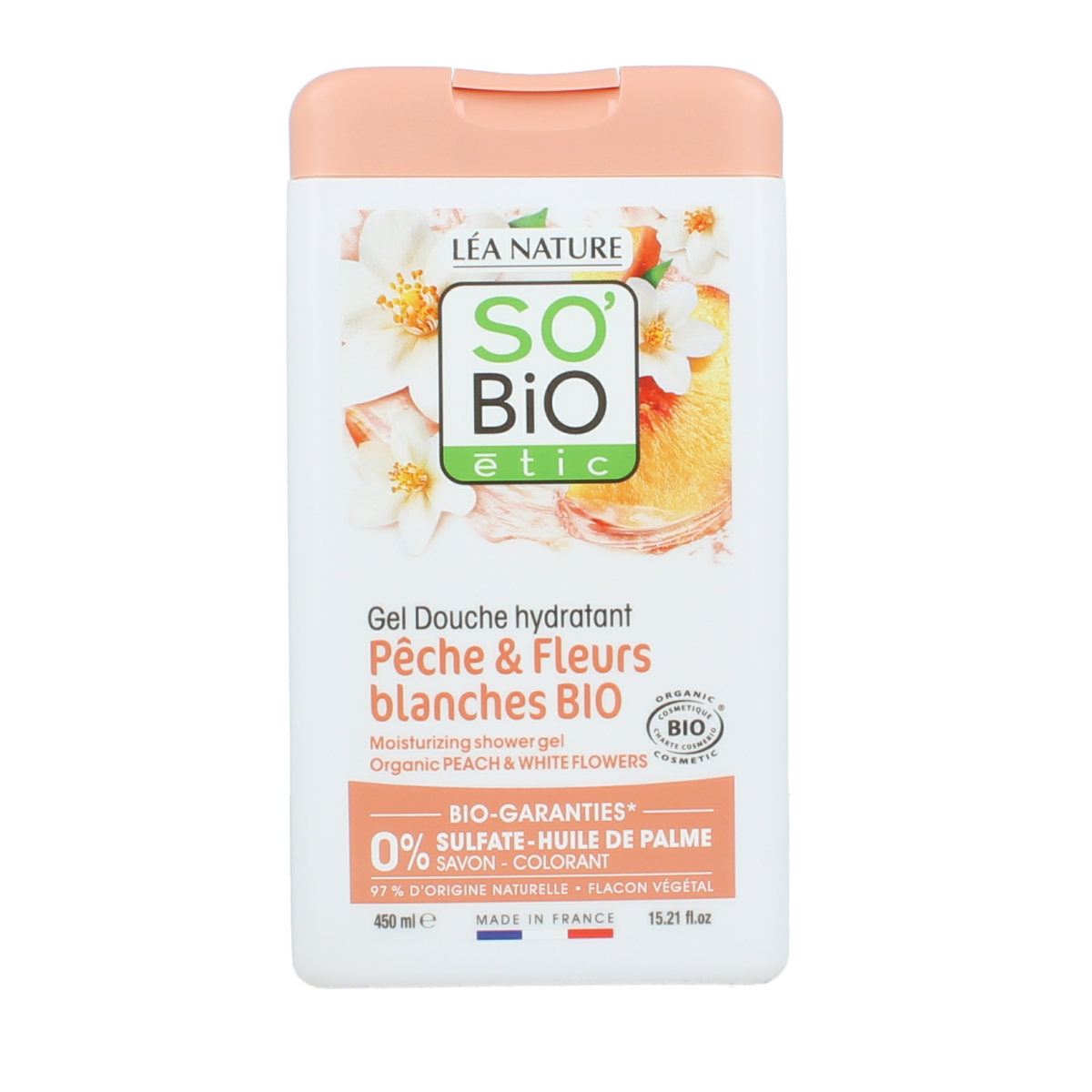 So Bio Etic Peach & White Flowers Shower Gel in a 450ml bottle, natural bio bad en douche with floral and fruity scent