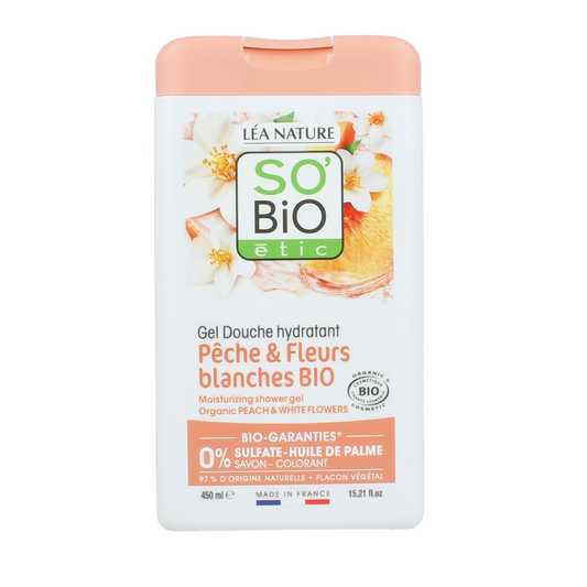 So Bio Etic Peach & White Flowers Shower Gel in a 450ml bottle, natural bio bad en douche with floral and fruity scent