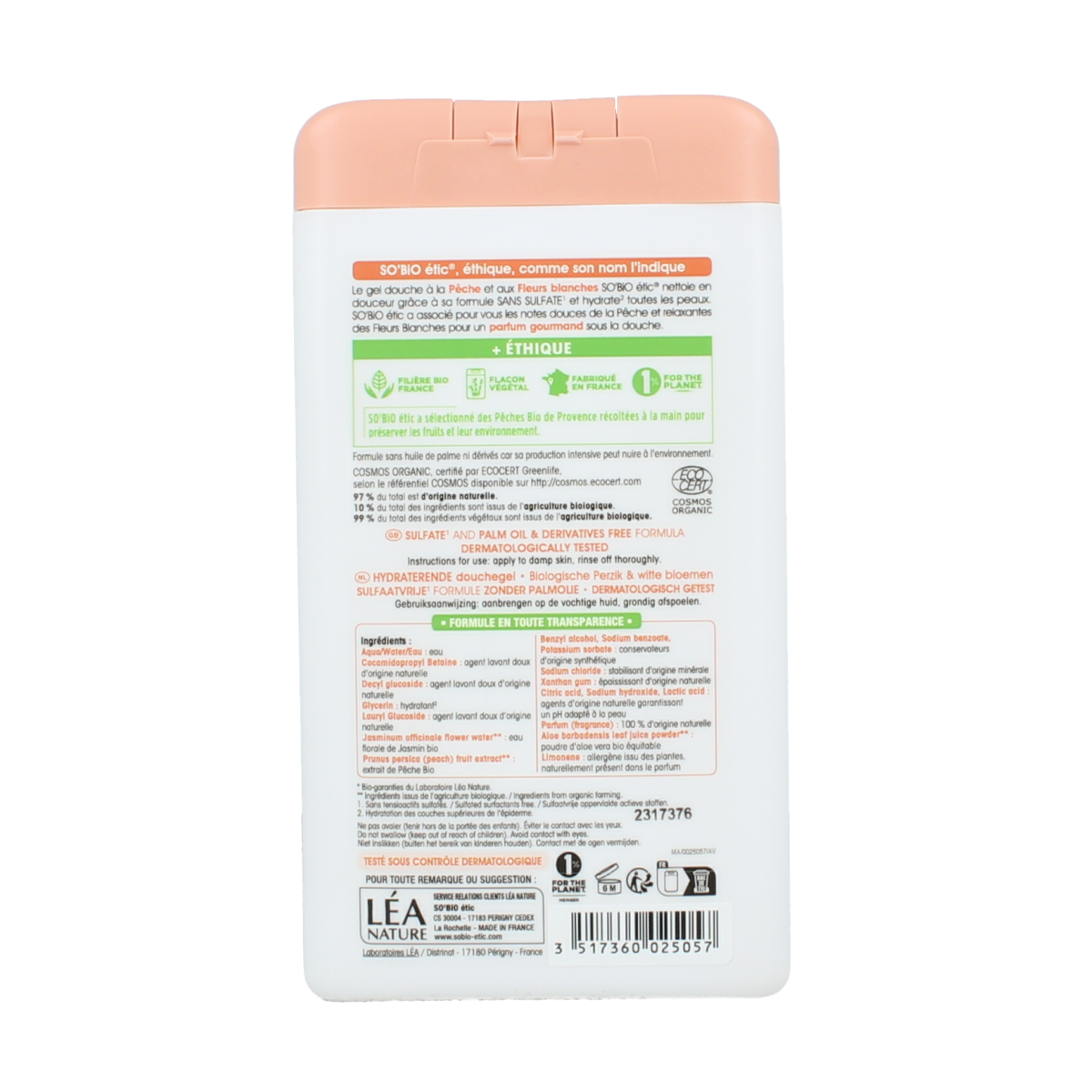 So Bio Etic peach and white flower shower gel in a 450ml bottle, gentle Bad en Douche with natural ingredients.