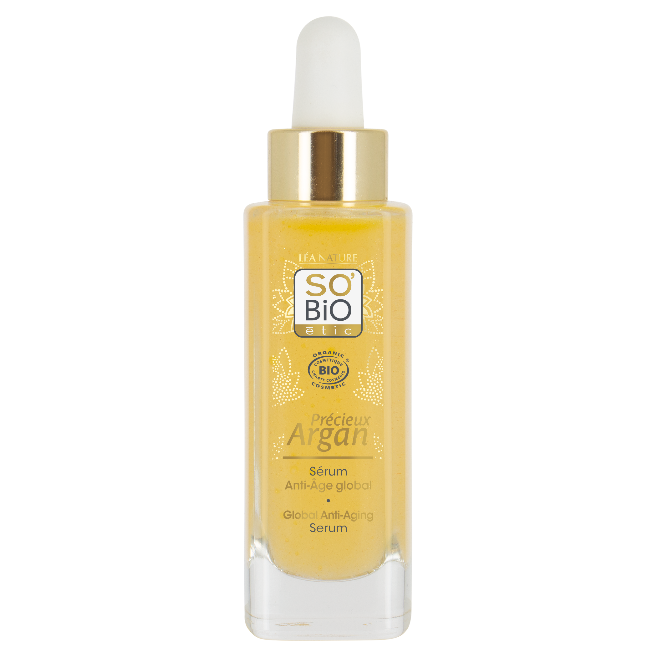 So Bio Etic anti-age global facial serum in 30ml bottle, featuring a sleek packaging and dropper applicator.