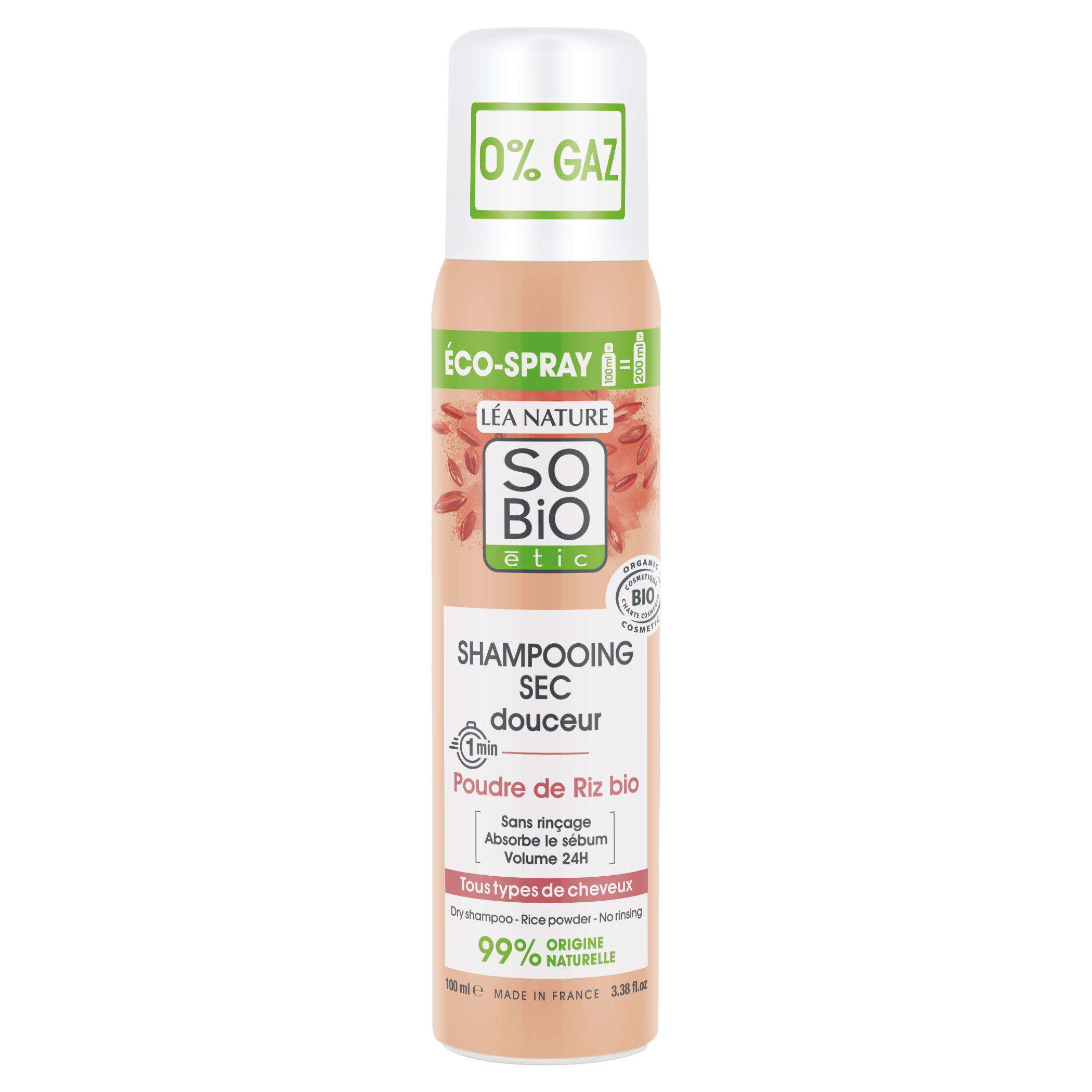 So Bio Etic Softening dry shampoo with rice powder in 100ml, natural hair care product for refreshing and softening hair.