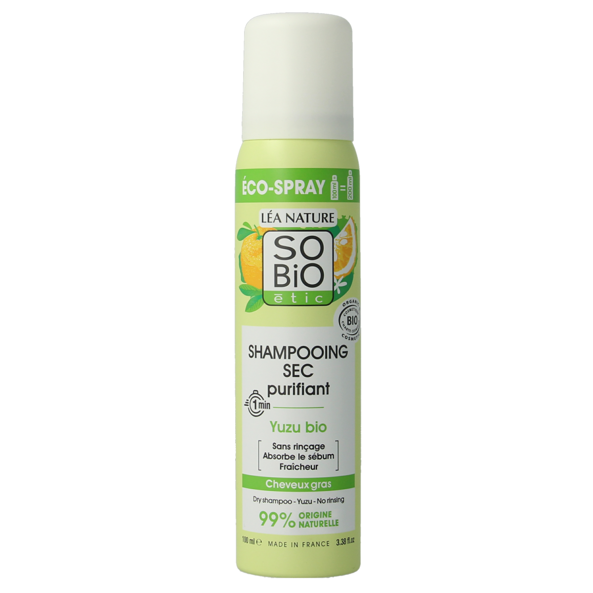 So Bio Etic Purifying dry shampoo with yuzu, 100ml, in a spray bottle for hair care and freshness.