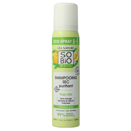 So Bio Etic Purifying dry shampoo with yuzu, 100ml, in a spray bottle for hair care and freshness.