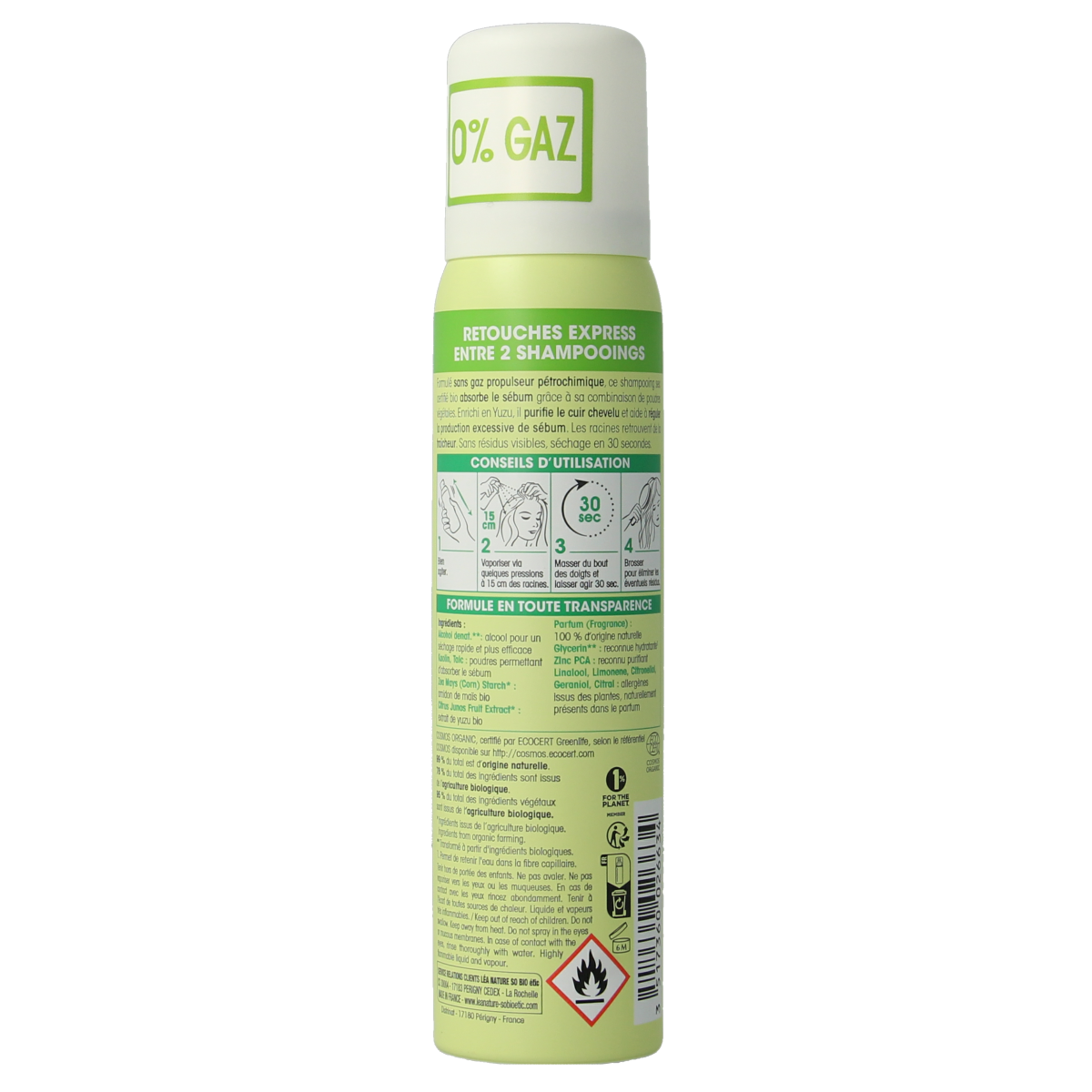 So Bio Etic Purifying dry shampoo with yuzu extract in a 100ml spray bottle, ideal for refreshing hair and scalp.
