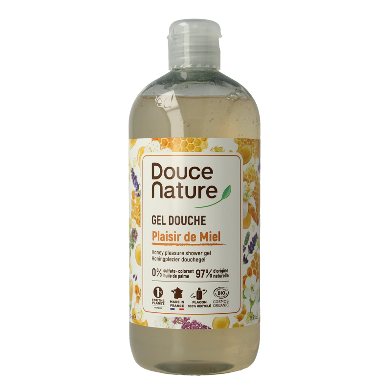 Douce Nature Honey Scented Organic Shower Gel in 500ml bottle, natural and nourishing bad en douche product.