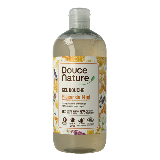Douce Nature Honey Scented Organic Shower Gel in 500ml bottle, natural and nourishing bad en douche product.