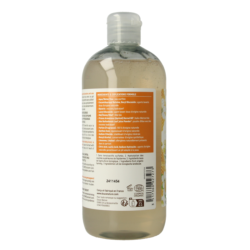 Douce Nature Douchegel honingplezier plaisir de miel bio, 500ml, natural honey-scented shower gel in a clear bottle