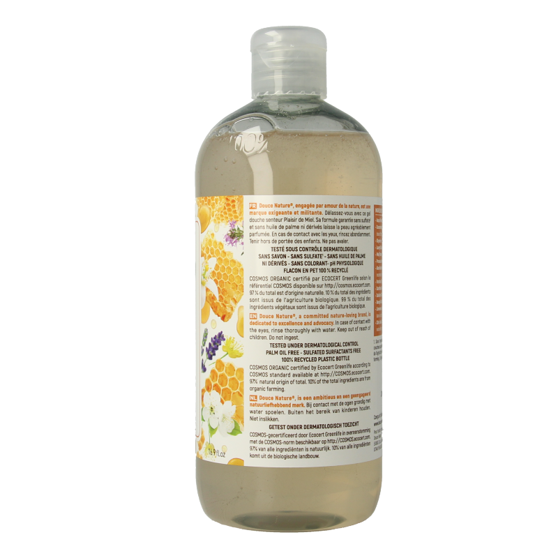 Douce Nature honey-scented shower gel in 500ml bottle, natural bio hygiene product for refreshing bath and shower use