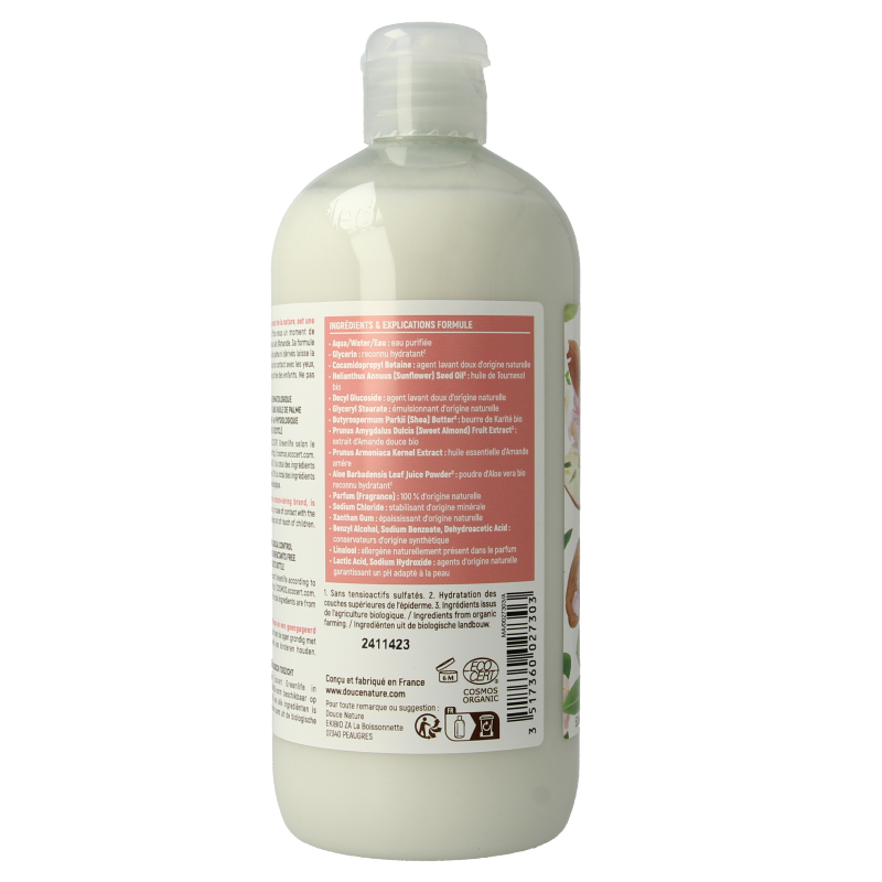 Douce Nature almond milk shower cream bottle, 500ml, natural skincare product for gentle cleansing and moisturizing.