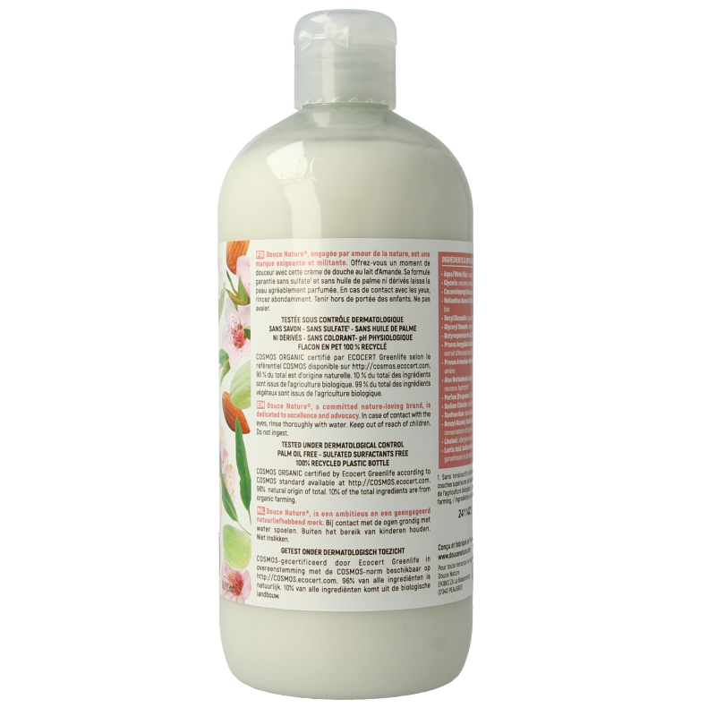 Douce Nature almond milk shower cream bottle with label, 500ml, for gentle cleansing and nourishing skin.