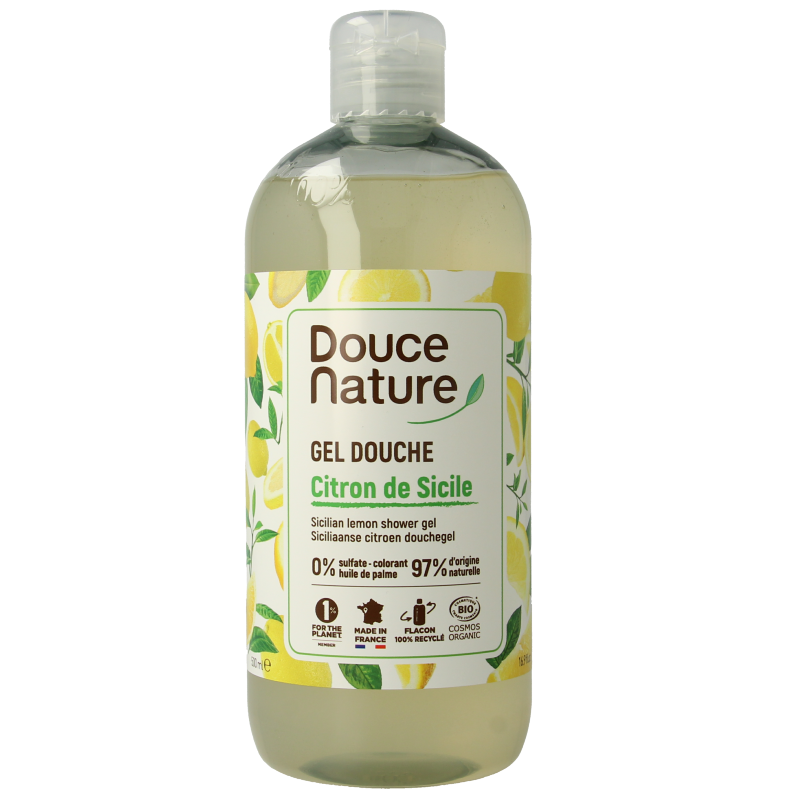 Douce Nature Siciliaanse citroen douchegel in 500ml bottle, natural lemon-scented body and shower gel.