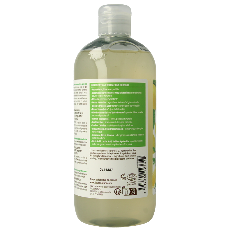 Douce Nature Siciliaanse citroen douchegel in 500ml bottle, natural cleansing bad en douche product with citrus scent