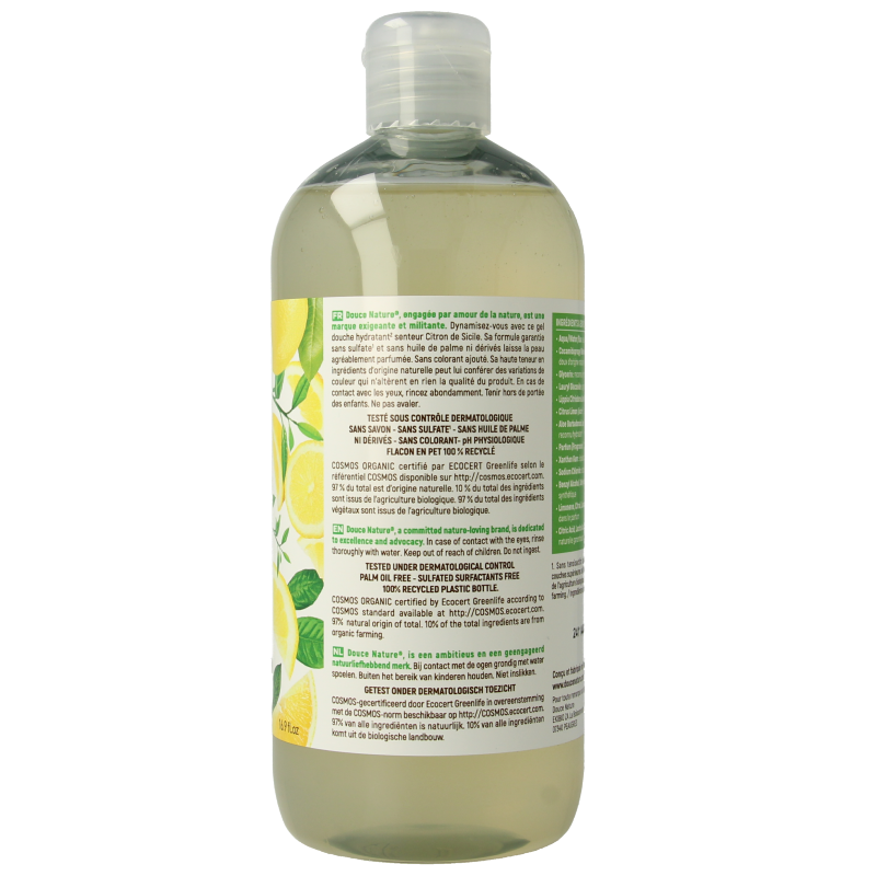 Douce Nature Siciliaanse citroen douchegel in 500ml bottle, natural shower gel with citrus scent and refreshing formula.