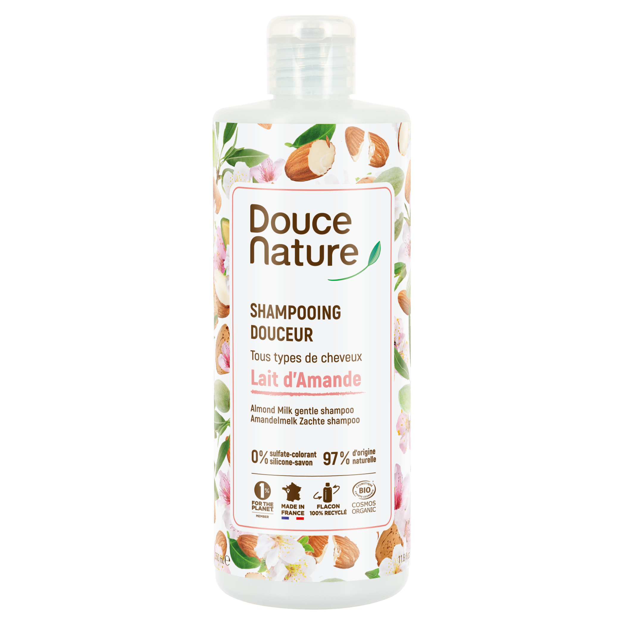 Douce Nature zachte haarshampoo in 350ml bottle, gentle hair care product for soft, healthy hair.