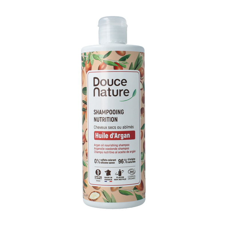 Douce Nature arganolie voedende shampoo in 350ml bottle, showing the product and packaging for hair care.