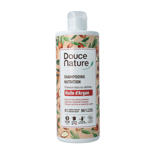 Douce Nature arganolie voedende shampoo in 350ml bottle, showing the product and packaging for hair care.