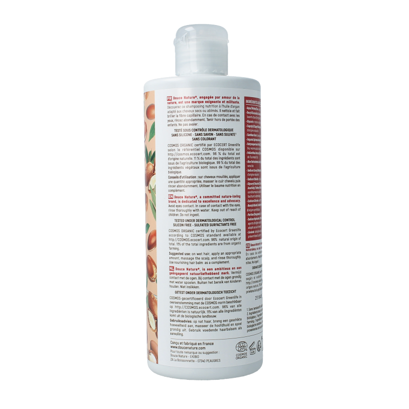 Douce Nature Argan Oil Nourishing Shampoo in 350ml bottle, natural hair care product with argan oil for healthy hair.