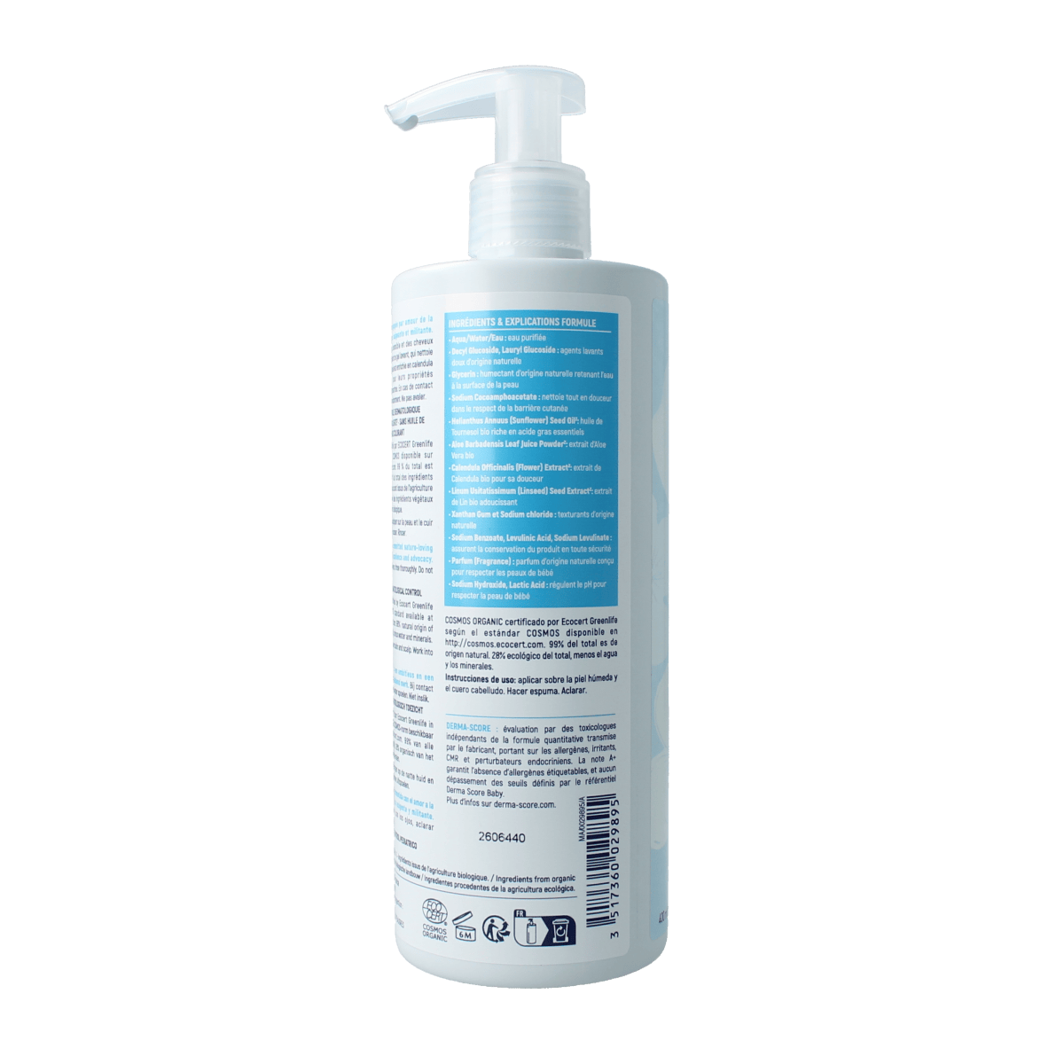 Douce Nature baby body and hair wash bottle, organic 400ml, gentle cleanser for baby and toddler skin and hair.