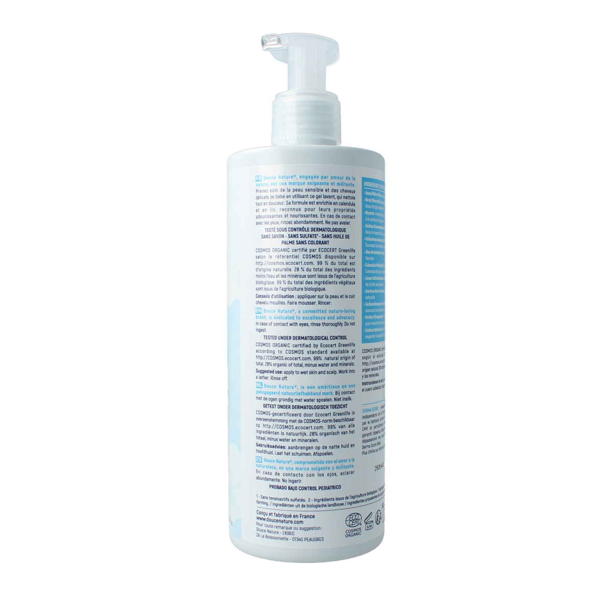 Douce Nature baby body and hair wash in a 400ml bottle, gentle organic cleanser for baby's skin and hair.