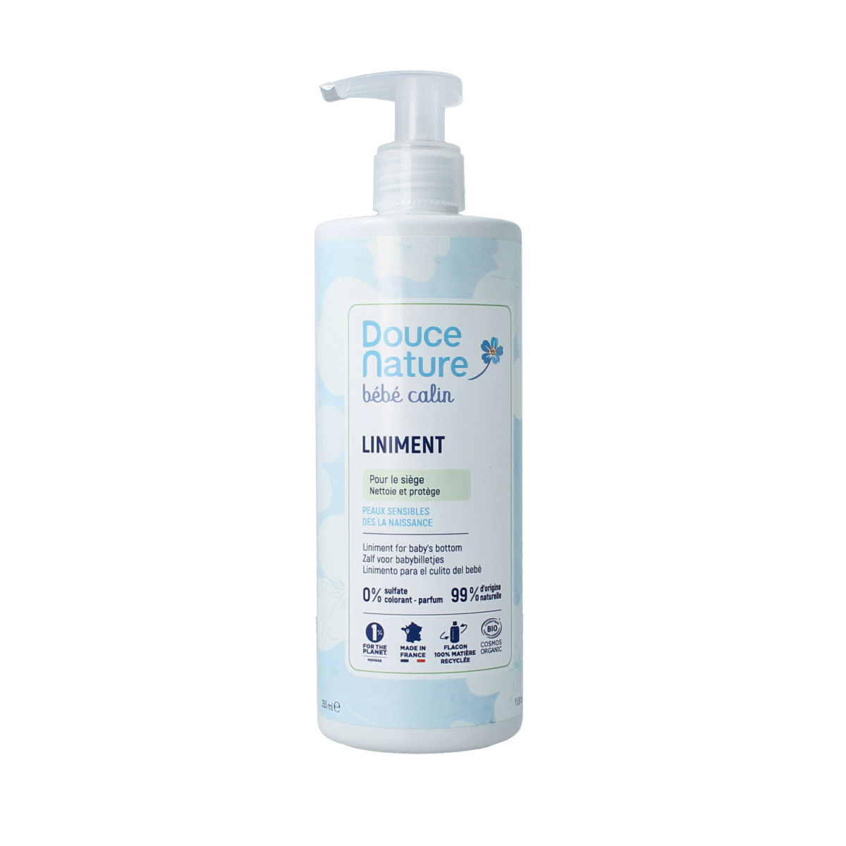 Douce Nature Baby liniment luierwisselcrème in 350ml bottle, gentle baby diaper rash cream for sensitive skin.