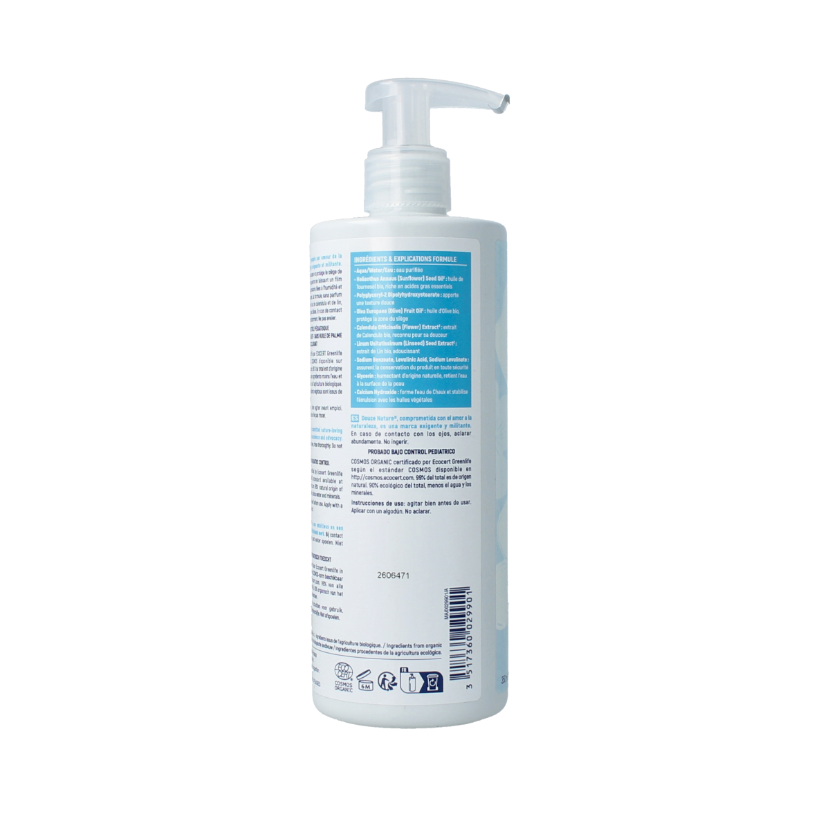 Douce Nature Baby liniment luierwisselcreme in 350ml bottle, gentle baby care product for diaper rash prevention and skin protection.