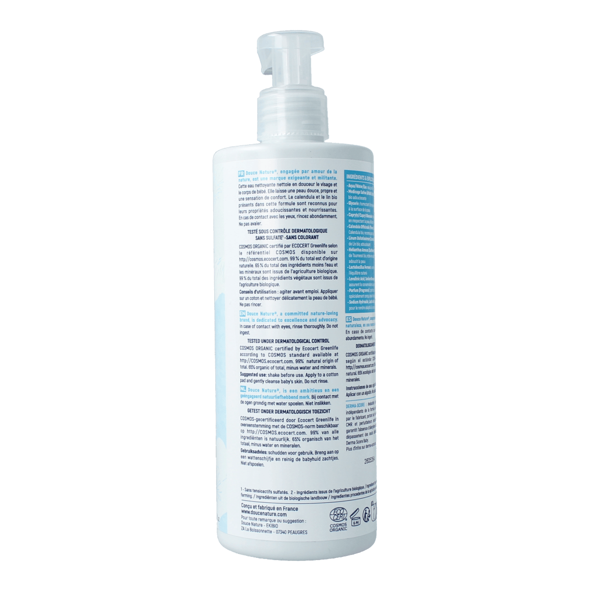 Douce Nature Baby face and body cleansing water in a 400ml bottle, gentle organic skincare for babies and toddlers.