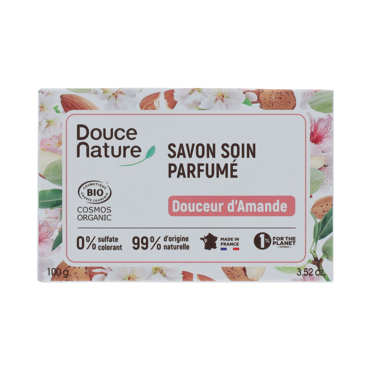Douce Nature almond soap bar, 100g, featuring natural almond ingredients and a soft, creamy lather in a rectangular shape.
