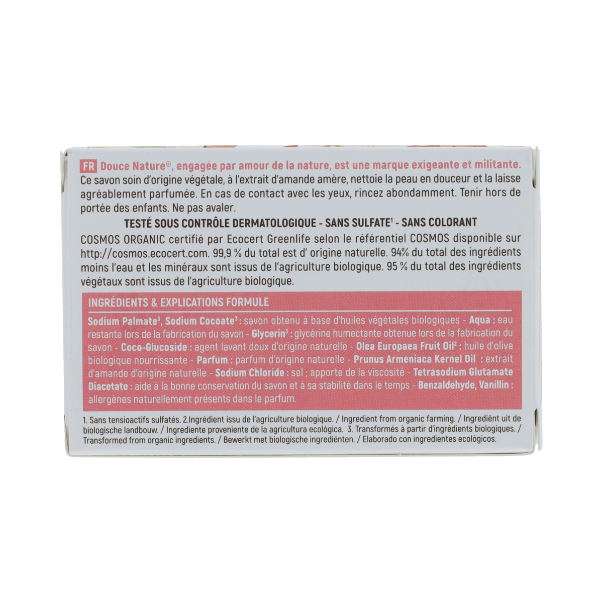 Douce Nature Almond Zeep bar with almond extract, 100g, showcasing a natural soap bar with almond ingredients and packaging.