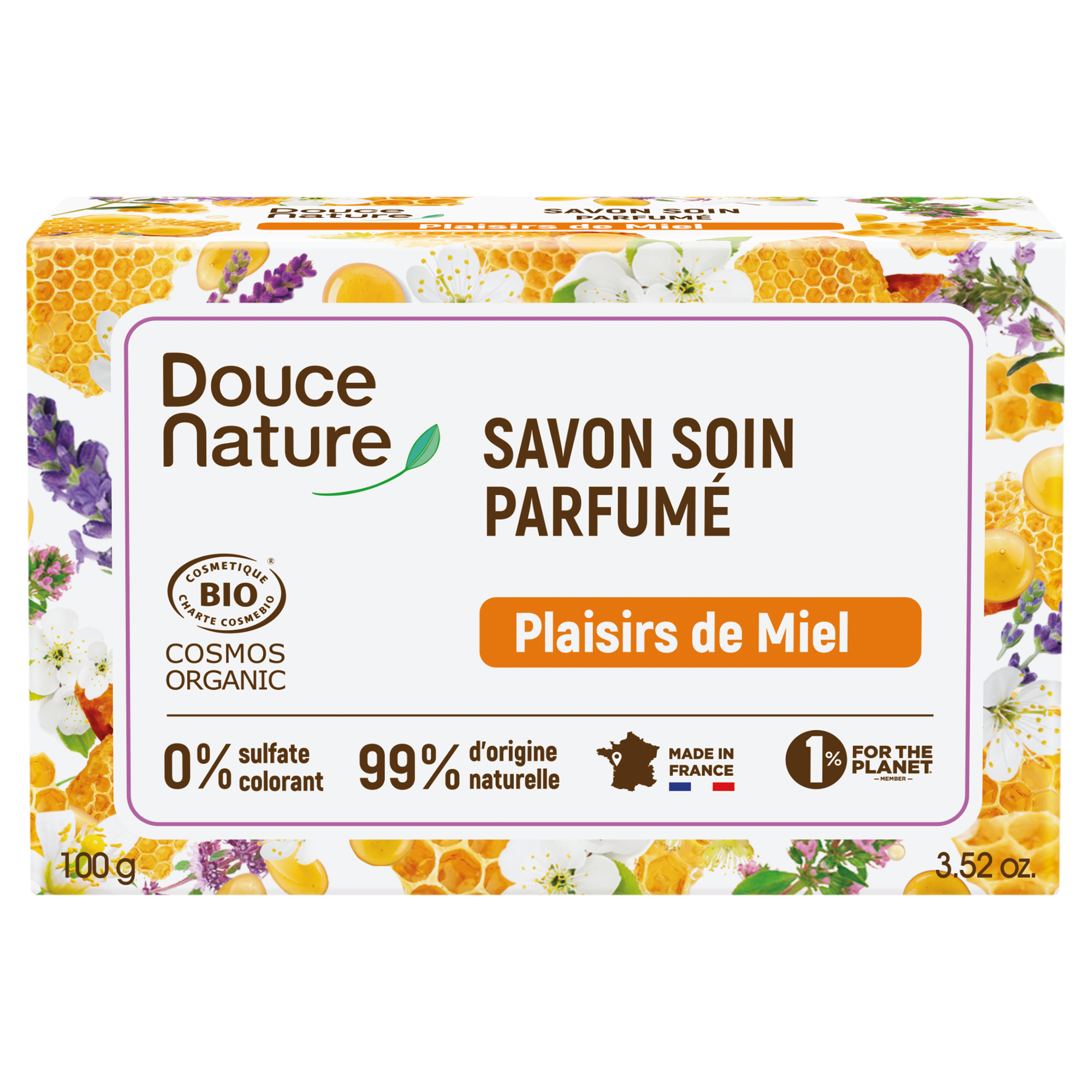 Douce Nature Honey Pleasure Zeep bar, 100g, natural soap with honey, shown with textured soap bar and honey ingredient visuals